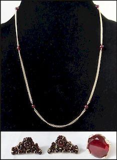 3 PCS 14K GOLD : GOLD & RED BEAD NECKLACE, GOLD &