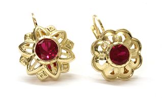 A pair of 14ct gold synthetic ruby asymmetric earrings,