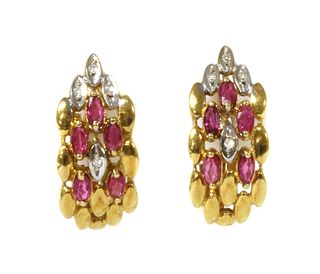 A pair of gold ruby and diamond earrings,