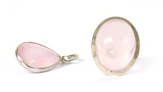 A silver rose quartz pendant and ring matched suite,