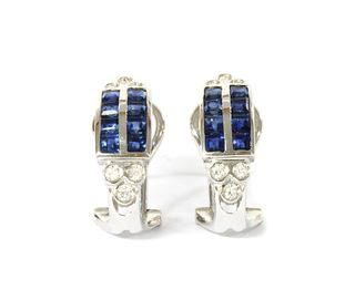 A pair of white gold sapphire and diamond half hoop earrings,