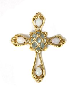 A 14ct gold blue topaz and opal cross pendant,