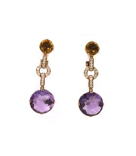 A pair of rose gold amethyst, citrine and diamond drop earrings,