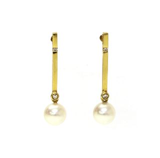 A pair of 18ct gold cultured pearl and diamond drop earrings,