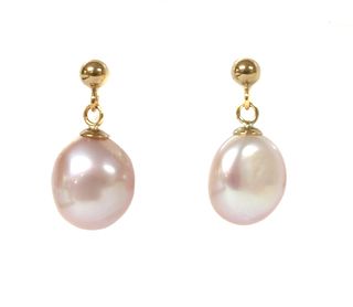 A pair of gold cultured freshwater pearl drop earrings,