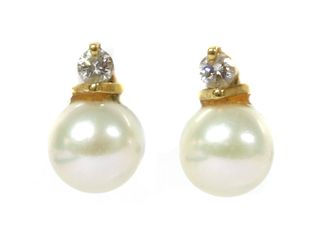 A pair of gold cultured pearl and diamond earrings,