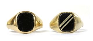 Two 9ct gold onyx signet rings,