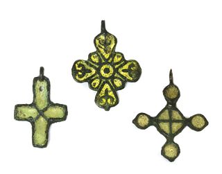 Three medieval Viking era bronze enamel cross pendants,