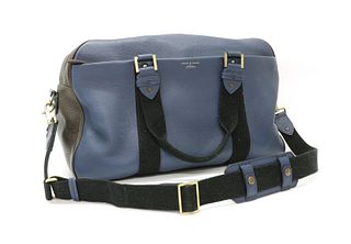 An Aspinal blue and dark brown calf leather weekend bag,