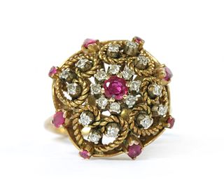 A gold synthetic ruby and diamond cluster ring,