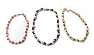 Three gemstone and cultured freshwater pearl necklaces,