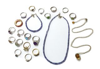 A quantity of silver and silver gilt gem-set jewellery,