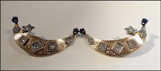 2 GOLD DIAM. & SAPPHIRE CRESCENT SHAPED EAR CLIPS