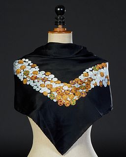 Vintage Chanel Silk Scarf, with pearl and jewel decoration on a black background, made in Italy, H.- 34 in., W.- 34 in.