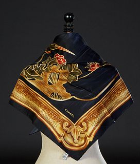 Vintage Chanel Silk Scarf, with gilt and floral decoration on a black background and hand rolled edges, made in Italy, H.- 34 in., W.- 34 in.