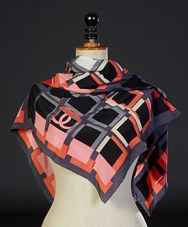 Vintage Chanel Silk Scarf, with multi-color square and the CC logo, with hand rolled edges, made in Italy, H.- 34 in., W.- 34 in.