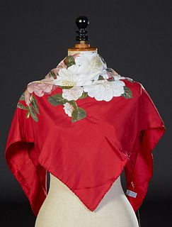 Vintage Chanel Silk Scarf, with floral decoration on a red background, with hand rolled edges, made in Italy, H.- 34 in., W.- 34 in.