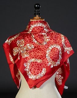 Vintage Chanel Silk Scarf, with pearl and gold necklace decoration on a red background, with hand rolled edges, made in Italy, H.- 34 in., W.- 34 in.