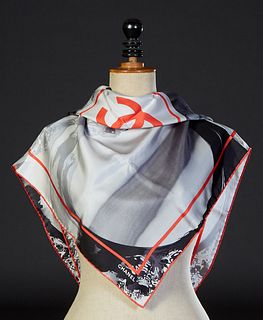 Vintage Chanel Silk Scarf, with the CC logo and a grey marbled background, with hand rolled edges, made in Italy, H.- 34 in., W.- 34 in.