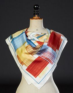 Vintage Chanel Silk Scarf, with a CC center logo and a multi-color woven pattern with hand rolled edges, made in Italy, H.- 34 in., W.- 34 in.