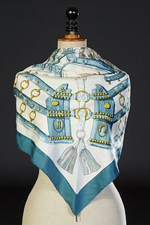 Vintage Hermes "Aux Champs" Silk Scarf, designed by Cathy Latham in 1970, made in France, featuring an equestrian design with daisies on a light blue 