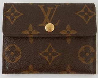 Louis Vuitton Card Organizer, the brown monogram coated canvas with golden brass snap, opening to three card compartments, with exterior pocket and sn
