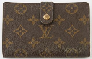 Louis Vuitton Brown French Purse, the coated monogram canvas with a golden brass accent snap, opening to card holder and three bill holders, with a si