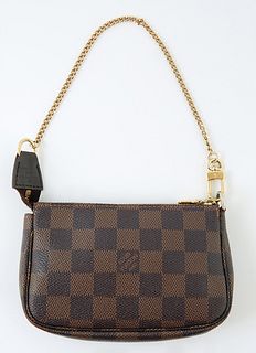 Louis Vuitton Brown Mini Accessory Pouch, damier ebene coated canvas with a golden brass zipper and chain handle, opening to single pouch, H.- 4 in., 