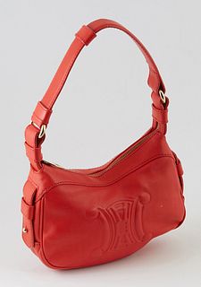 Celine Red Calf Leather Logo Shoulder Bag, with a single red leather handle and gold hardware, the interior bag of lined in beige with two open side p