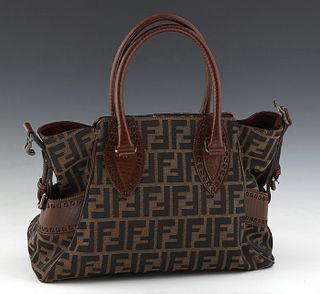 Fendi Top Handle Shoulder Bag, in dark brown monogram zucca canvas with brown leather accents and brushed gold hardware, opening to a brown canvas lin
