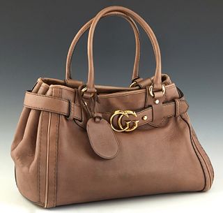 Gucci Running Tote Bag, in brown calf leather with gold hardware, opening to a cream canvas lined interior with a side zip pocket and two small open s