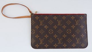 Louis Vuitton Neverful Wristlet, in brown monogram coated canvas with vachetta leather accents and golden brass hardware, opening to a red striped can