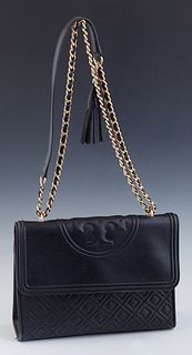 Tory Burch Crossbody Bag, in brown calf leather with black diamond stitching and golden hardware, opening to a black canvas lined interior with a side