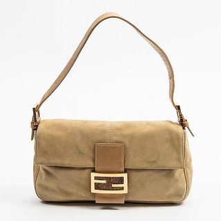 Fendi Neoprene Baguette Shoulder Bag, in khaki suede calf leather and golden hardware, opening to a dark brown silk lined interior with a side zip clo