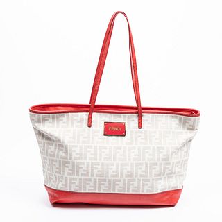 Fendi Roll Tote Shoulder Bag, in beige monogram canvas and red calf leather with golden and enameled hardware, opening to a dark beige canvas lined in