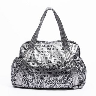 Chanel 31 Rue Cambon Tote Bag, c. 2008, in grey "Rue Cambon" coated canvas with silver hardware, opening to a black silk woven lined interior with two