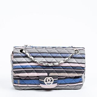 Chanel CC Special Edition Heart Single Flap Shoulder Bag, c. 2009, in tri-color quilted striped stretch canvas with silver hardware, opening to a pink