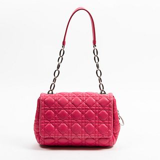 Dior Soft Flap Shoulder Bag, in hot pink cannage calf leather with silver hardware, opening to a hot pink nylon interior with a side zipper storage po