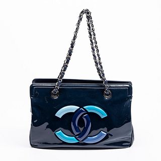 Chanel Lipstick Ligne Tote Shoulder Bag, c. 2010, in navy blue patent leather with silver hardware, opening to a black silk woven lined interior with 