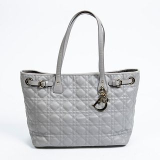 Dior Panarea Tote Bag, in grey cannage coated canvas with golden hardware, opening to a dark grey nylon lined interior with two side open storage pock