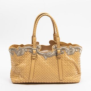 Bottega Veneta Embroidered Handbag, in pastel yellow intrecciato leather with silvered hardware, opening to a light blue suede lined interior with a c