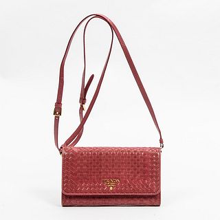 Prada Wallet Crossbody Bag, in pink woven calf leather with golden hardware, opening to hot pink woven and matching pink calf leather interior, with c