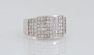 Lady's 18K White Gold Diamond Cluster Ring, the arched rectangular top with three horizontal rows of six princess cut diamonds, flanked by trapezoidal