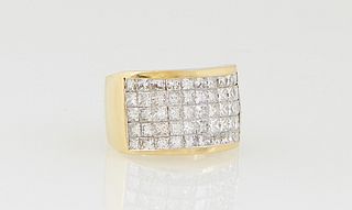 Lady's 18K Yellow Gold Dinner Ring, the wide tapering top mounted with five rows of eleven princess cut diamonds (55 Total), Total Diamond Wt.- 3.8 ct