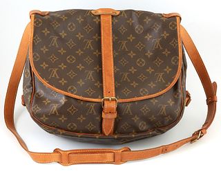 Louis Vuitton Brown Monogram Coated Canvas 30 Saumur Shoulder Bag, the exterior of the messenger bag with a double sided flap with vachetta leather st