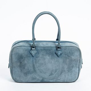 Hermes Plume Elan 28 Handbag, in turquoise Dobris suede calf leather with silver hardware, opening to a blue calf leather lined interior with open sto