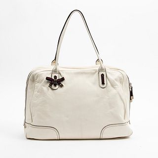 Gucci Princy XL Zip Tote Bag, in ivory grained calf leather with golden hardware and black and burgundy ribbon decoration, opening to a dark purple an