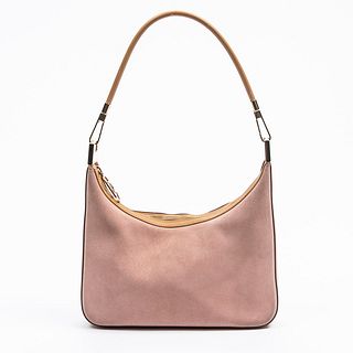 Vintage Gucci Zip Hobo Bag, in pink suede with tan calf leather and golden hardware, opening to a golden monogram canvas lined interior with a side zi