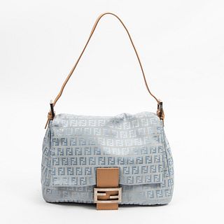 Fendi Mama Baguette Shoulder Bag, in blue monogram canvas with brown leather accents and silvered hardware, opening to a dark beige canvas lined inter