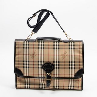 Burberry Laptop Shoulder Bag, in beige Haymarket Check coated canvas with dark brown leather accents and golden hardware, opening to a dark brown leat